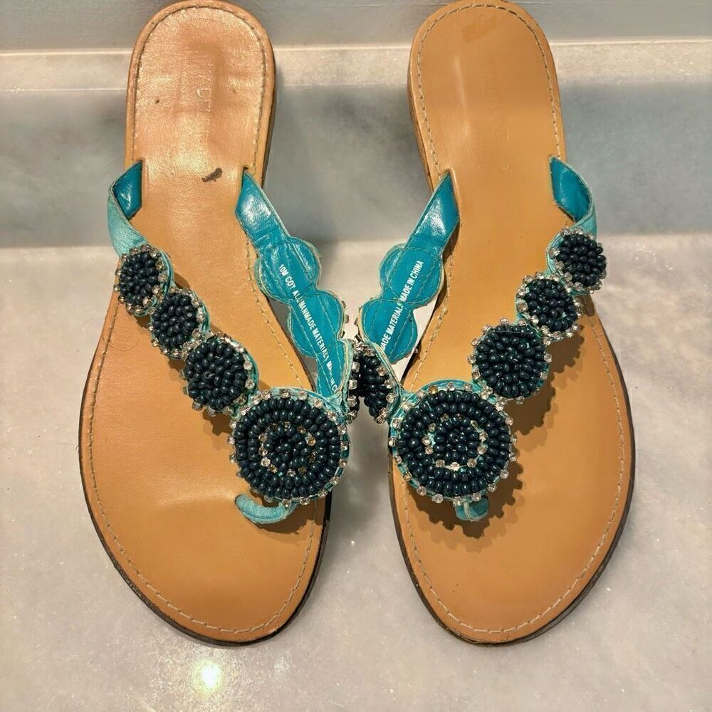 Madeline Stuart Coy Embellished Floral T-Strap Flip Flops Blue & Tan Size 10M